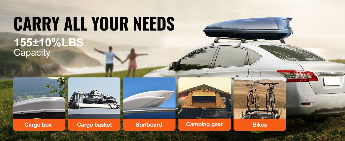 car with roof rack, carrying cargo box, emphasizing VEVOR roof rack cross bars, ideal for camping gear.