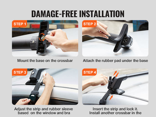 VEVOR roof rack cross bars installation guide showing steps to mount, attach, adjust, and lock.