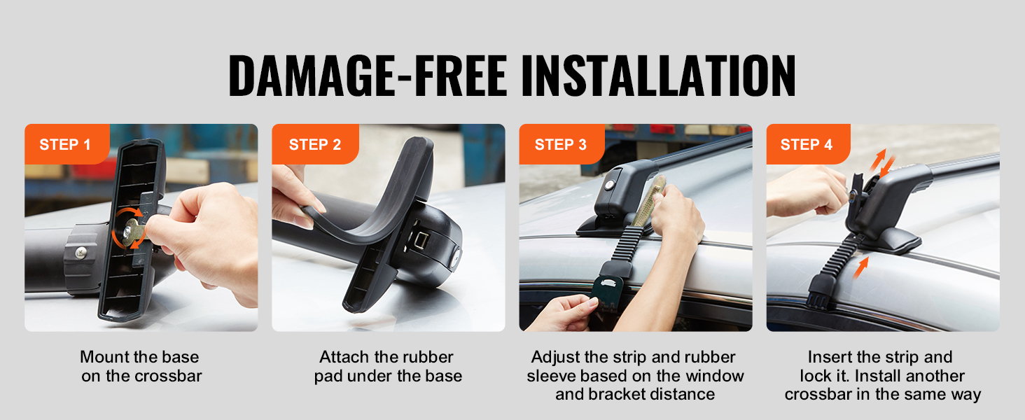 VEVOR roof rack cross bars installation guide showing steps to mount, attach, adjust, and lock.