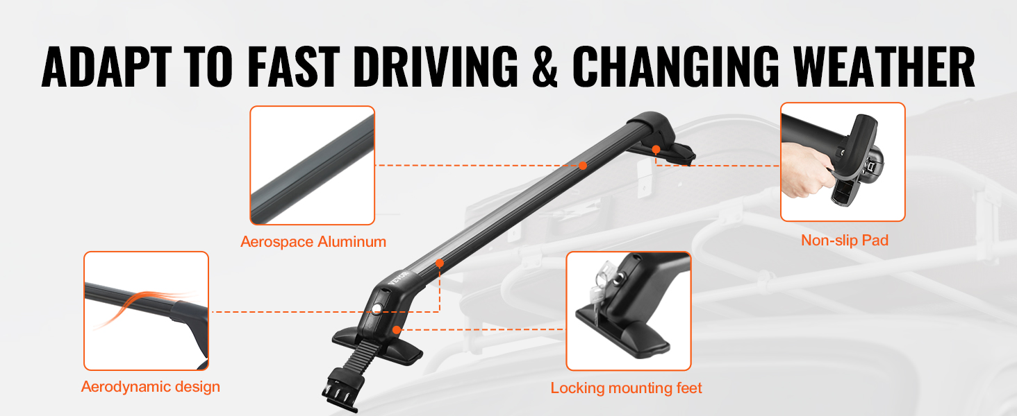 VEVOR roof rack cross bars with aerodynamic design, aerospace aluminum, and locking mounting feet.