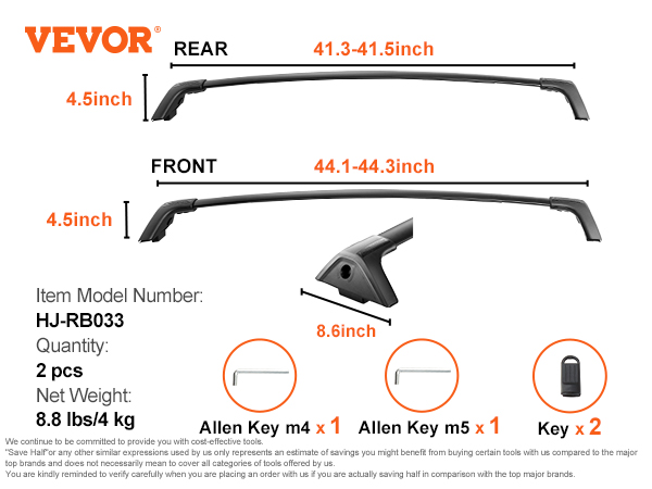 VEVOR roof rack cross bars with measurements, allen keys, and keys shown; model hj-rb023b.