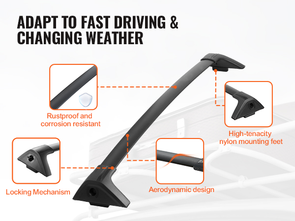 VEVOR roof rack cross bars with rustproof, aerodynamic design, and high-tenacity nylon mounting feet.