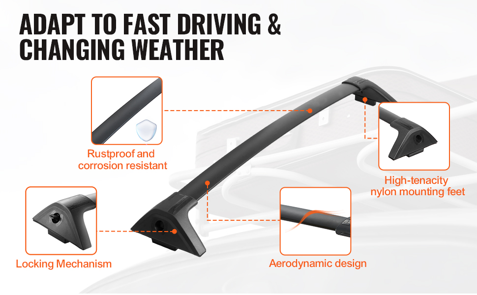 VEVOR roof rack cross bars with rustproof, aerodynamic design, and high-tenacity nylon mounting feet.