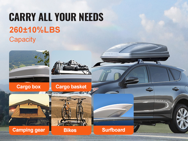 suv with VEVOR roof rack cross bars carrying cargo box, basket, surfboard, camping gear, and bikes.
