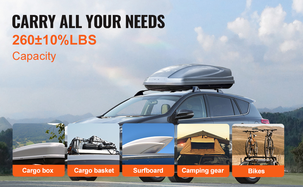 suv with VEVOR roof rack cross bars carrying cargo box, basket, surfboard, camping gear, and bikes.