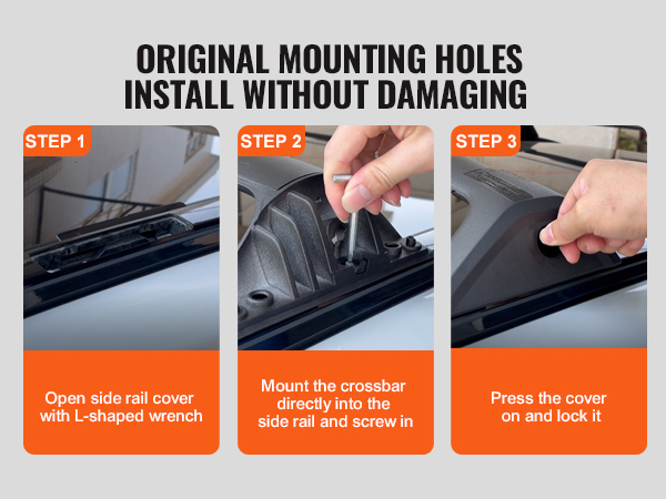 steps to install VEVOR roof rack cross bars: open side rail cover, screw in crossbar, lock cover.