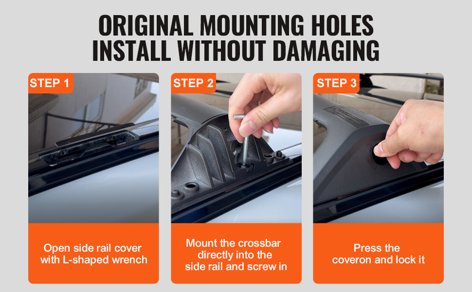 steps to install VEVOR roof rack cross bars: open side rail cover, screw in crossbar, lock cover.