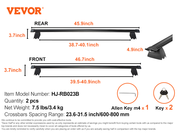 VEVOR roof rack cross bars dimensions, model hj-rb022, with 2 keys and an allen key included.