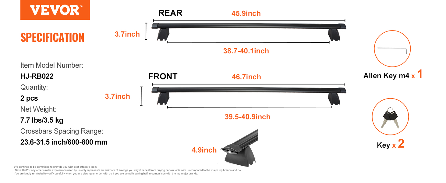 VEVOR roof rack cross bars dimensions, model hj-rb022, with 2 keys and an allen key included.