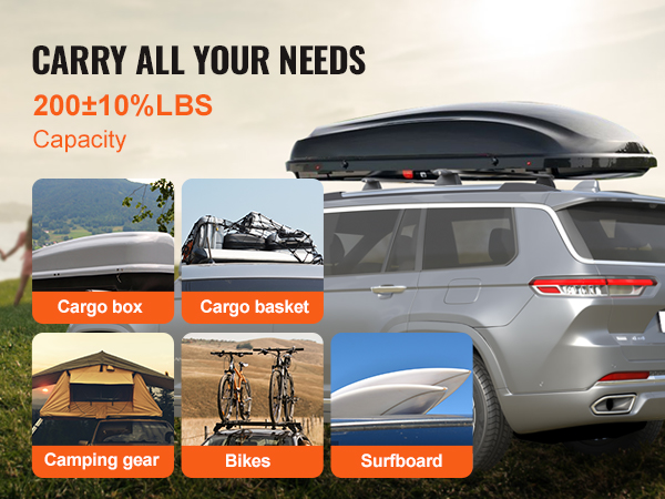 suv with VEVOR roof rack cross bars carrying cargo box, basket, surfboard, camping gear, and bikes.