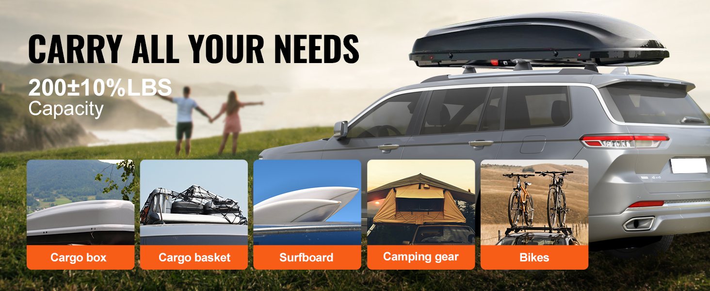 suv with VEVOR roof rack cross bars carrying cargo box, basket, surfboard, camping gear, and bikes.