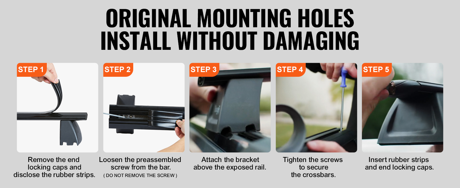 steps to install VEVOR roof rack cross bars without damaging original mounting holes.