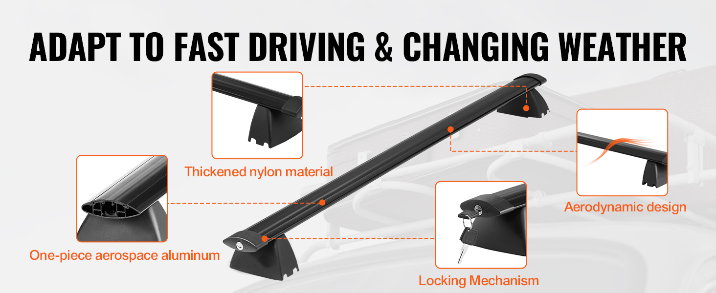 VEVOR roof rack cross bars with aerodynamic design, thickened nylon material, and locking mechanism.