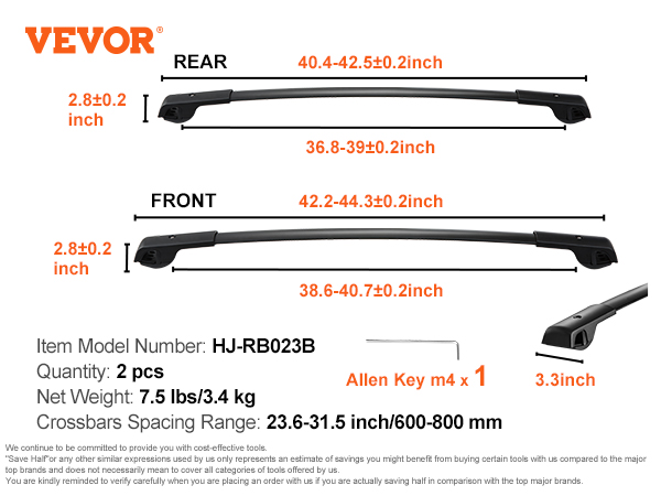VEVOR roof rack cross bars specifications, dimensions, and included allen key. model hj-rb023b, 2 pieces.