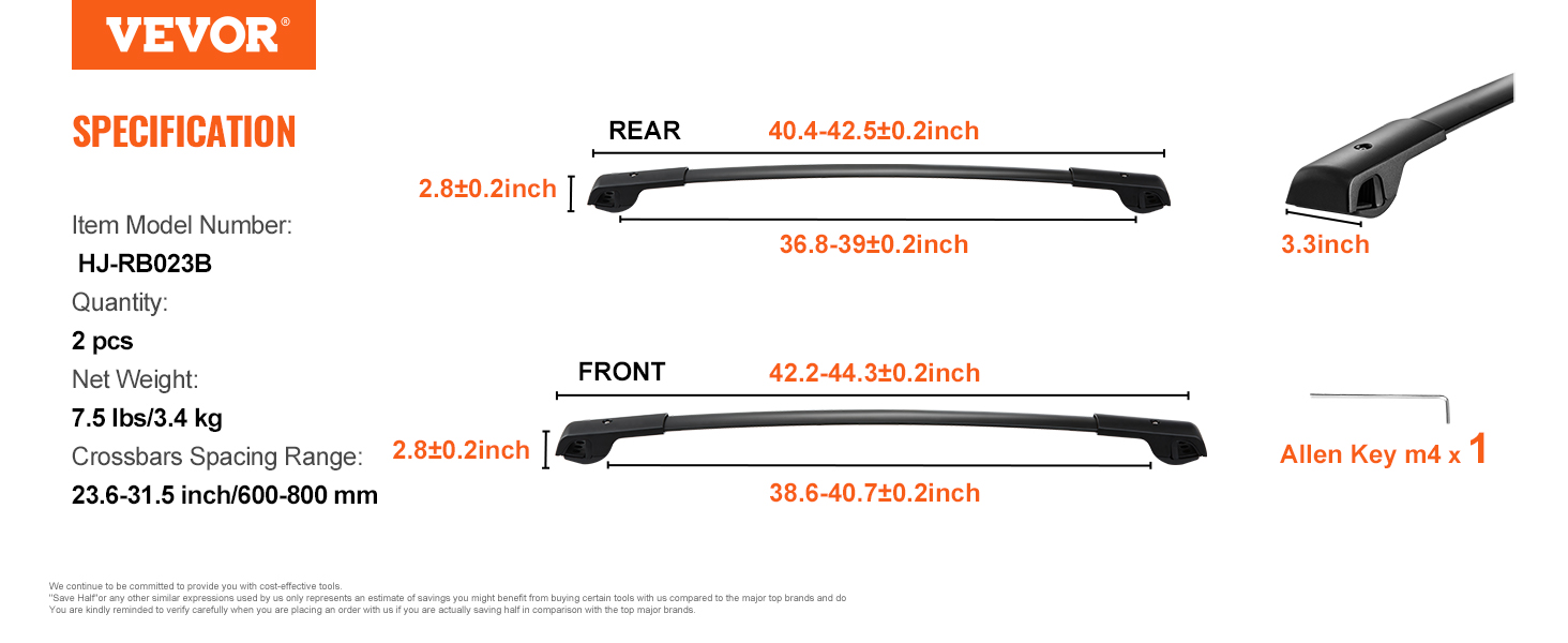 VEVOR roof rack cross bars specifications, dimensions, and included allen key. model hj-rb023b, 2 pieces.