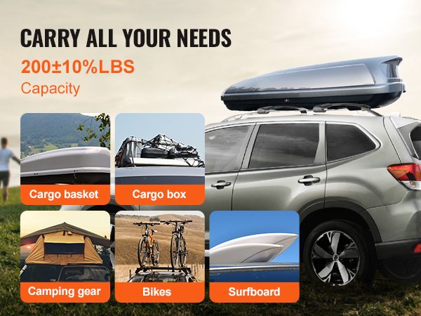 subaru suv with VEVOR roof rack cross bars carrying a cargo box, showcasing capacity for various items.