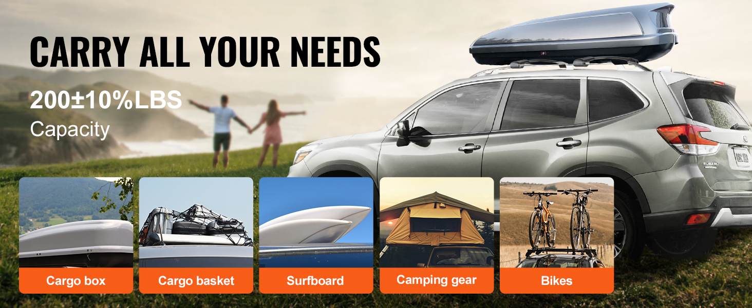 subaru suv with VEVOR roof rack cross bars carrying a cargo box, showcasing capacity for various items.