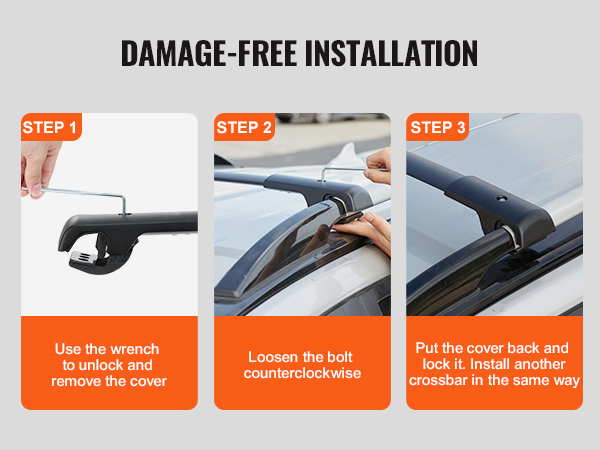 steps for damage-free installation of VEVOR roof rack cross bars using a wrench.