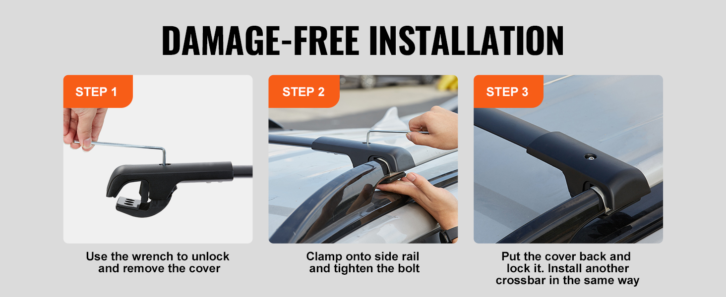 steps for damage-free installation of VEVOR roof rack cross bars using a wrench.