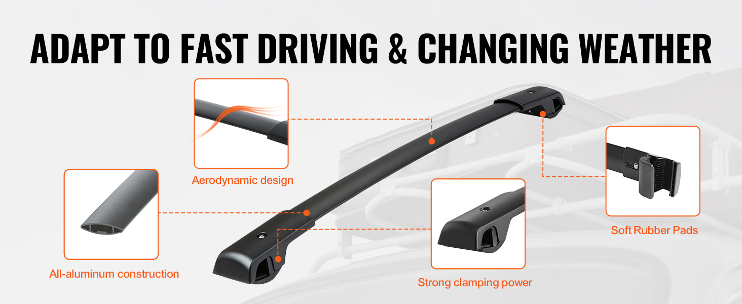 VEVOR roof rack cross bars with aerodynamic design, all-aluminum construction, and soft rubber pads.