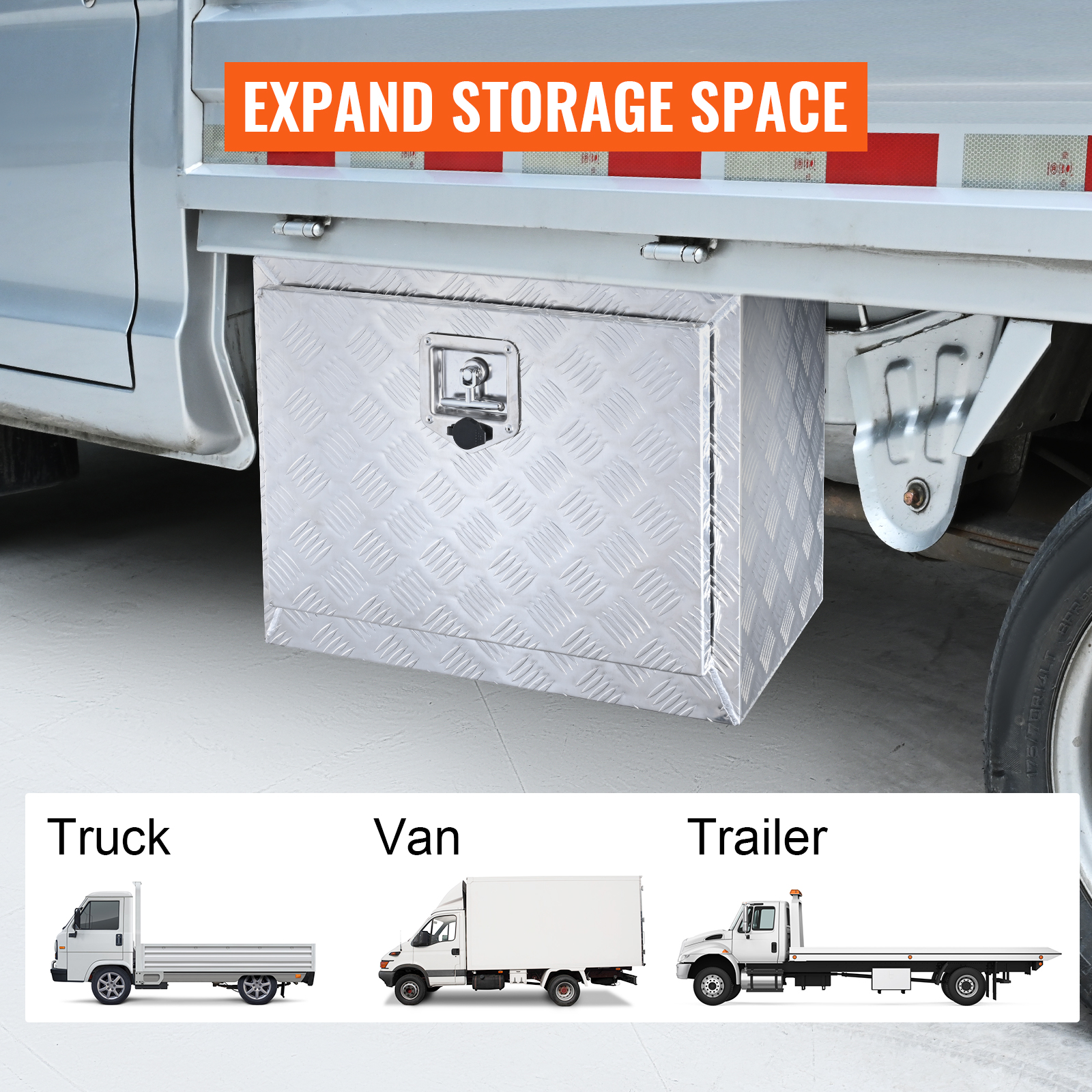 VEVOR underbody truck box mounted on a truck with "expand storage space" text. suitable for trucks, vans, trailers.