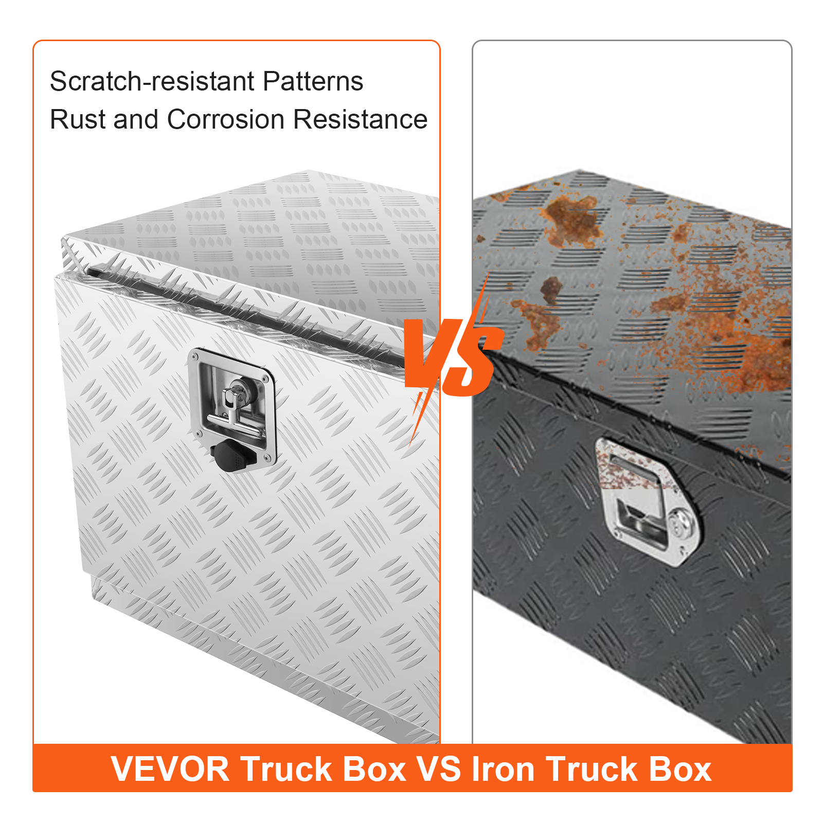 VEVOR underbody truck box vs iron truck box comparison showing rust and scratch resistance.