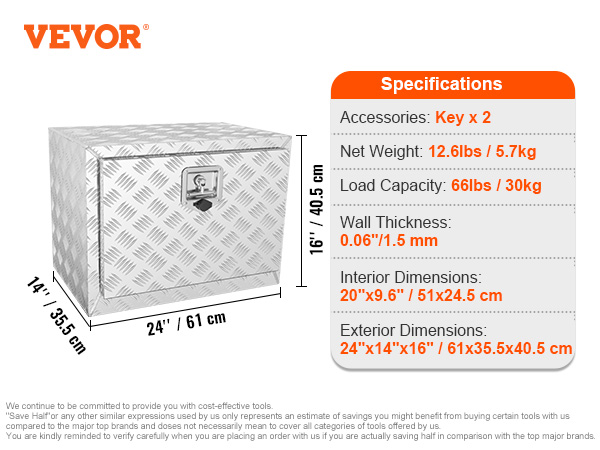 VEVOR underbody truck box 24"x14"x16" with specifications: 12.6 lbs, 66 lbs capacity, 0.06" wall thickness.