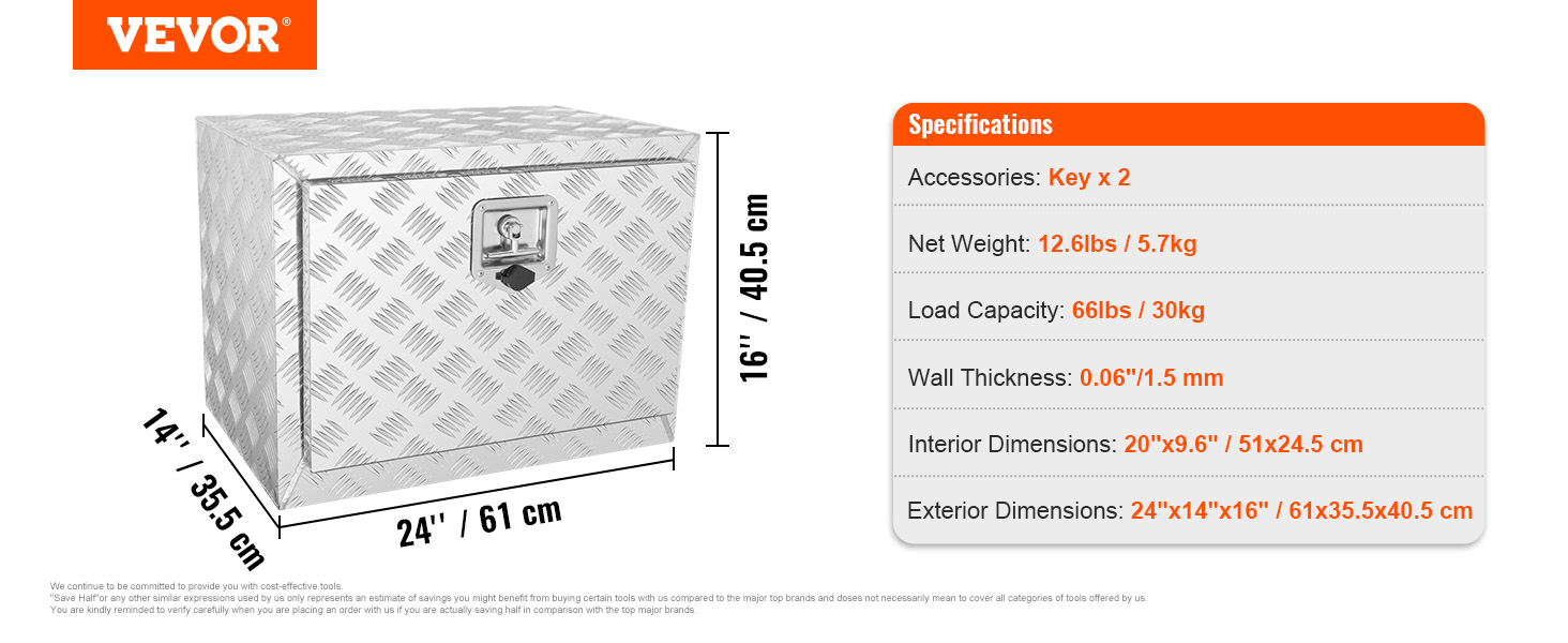 VEVOR underbody truck box 24"x14"x16" with specifications: 12.6 lbs, 66 lbs capacity, 0.06" wall thickness.