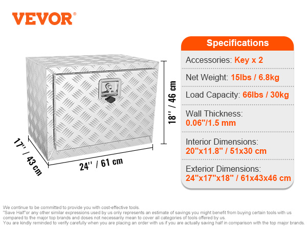 VEVOR underbody truck box with an alloy finish, measuring 24"x17"x18", load capacity 66lbs, includes two keys.