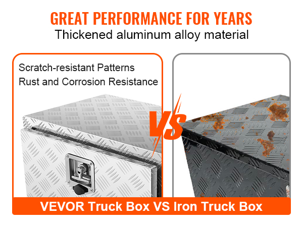 VEVOR underbody truck box vs iron truck box: aluminum, rust and scratch resistant.