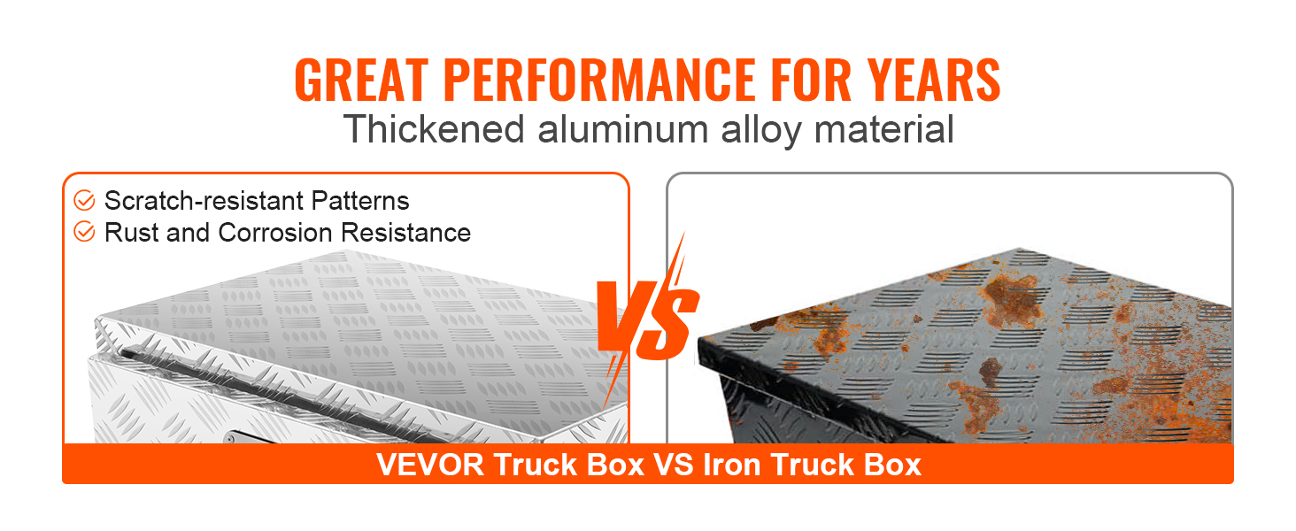 VEVOR underbody truck box vs iron truck box: aluminum, rust and scratch resistant.