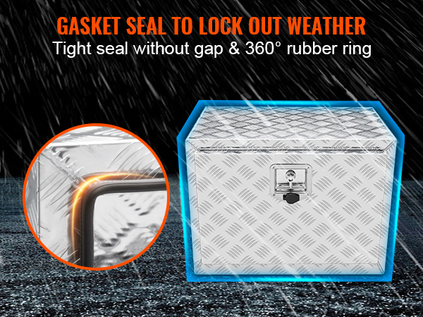 VEVOR underbody truck box with gasket seal for weather resistance, tight seal, and 360° rubber ring.
