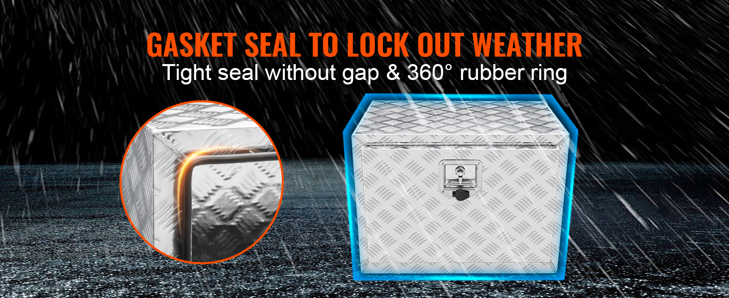 VEVOR underbody truck box with gasket seal for weather resistance, tight seal, and 360° rubber ring.