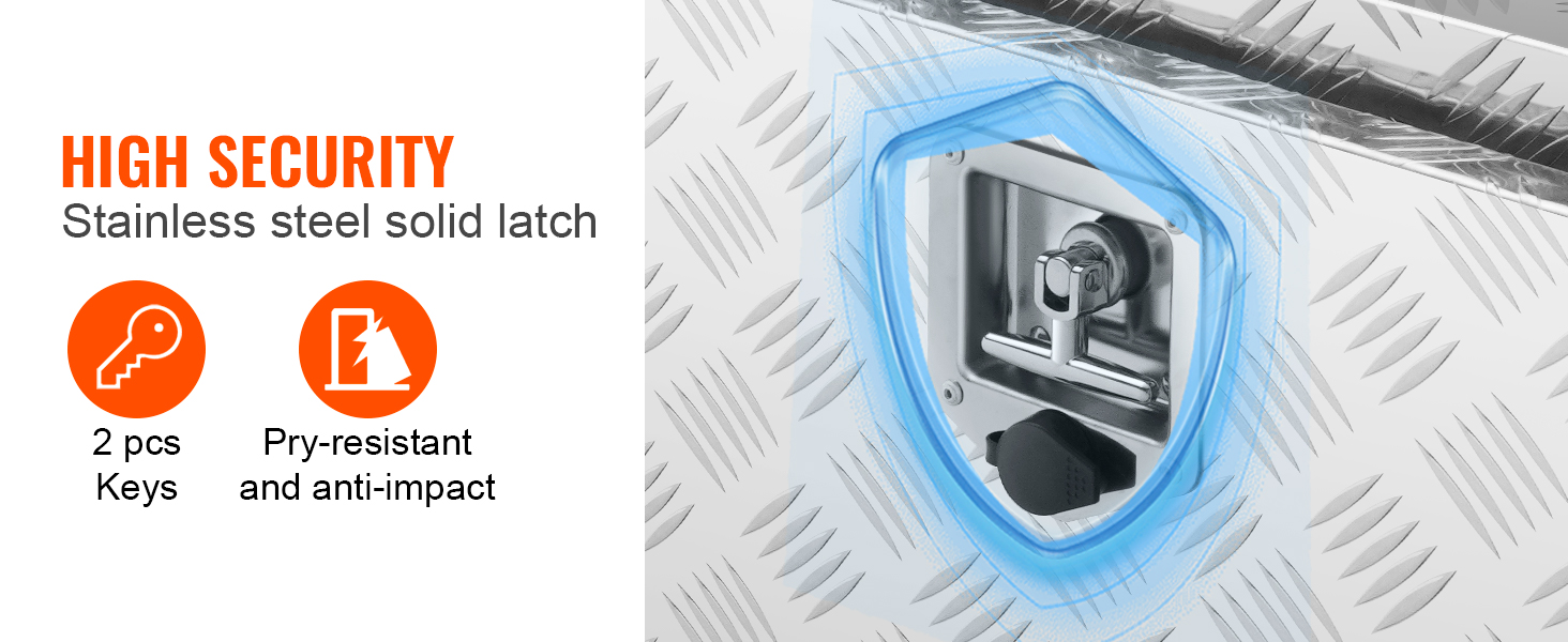 high security VEVOR underbody truck box with stainless steel latch, 2 keys, pry-resistant, anti-impact.