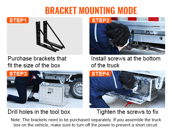 bracket mounting steps for VEVOR underbody truck box: purchase brackets, install screws, drill holes, tighten.