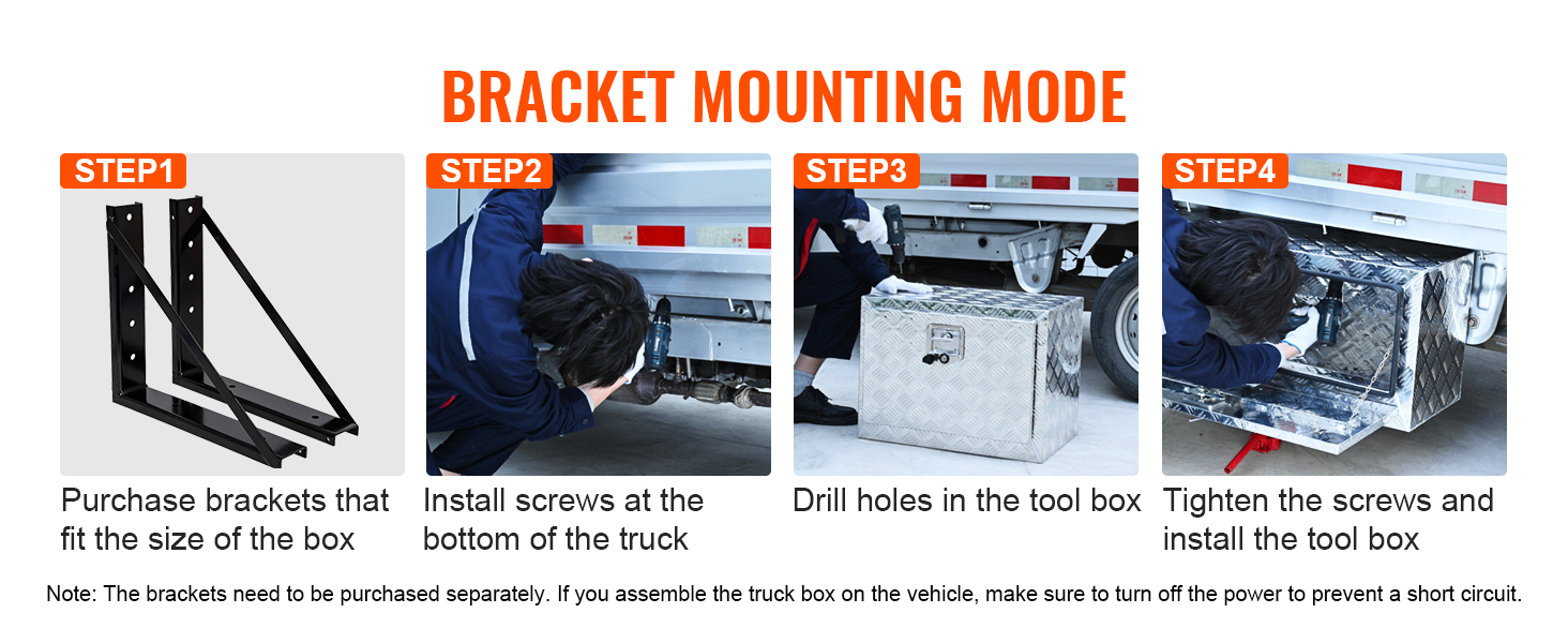 bracket mounting steps for VEVOR underbody truck box: purchase brackets, install screws, drill holes, tighten.