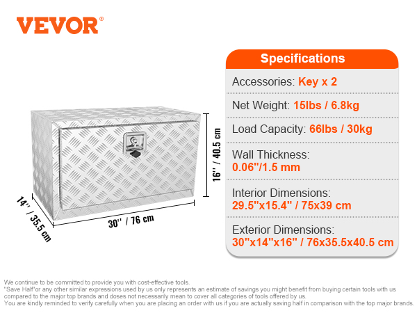 VEVOR underbody truck box, 30"x14"x16", with lock, 66lb capacity and 0.06" wall thickness, 15lb weight
