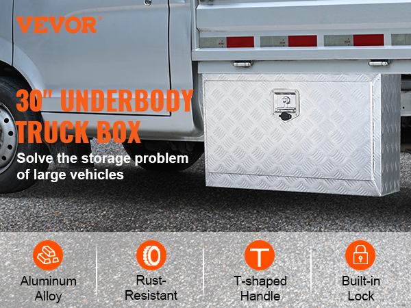 VEVOR underbody truck box, aluminum alloy, rust-resistant, t-shaped handle, built-in lock, 30" storage.