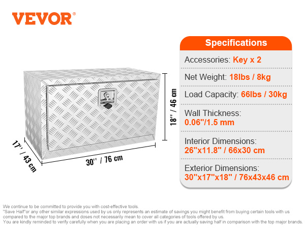 VEVOR underbody truck box with dimensions 30"x17"x18", load capacity 66lbs, and net weight 18lbs.