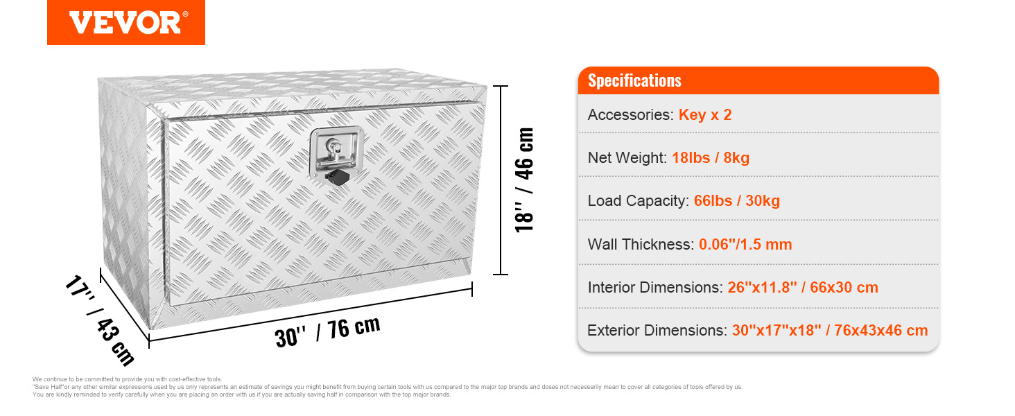 VEVOR underbody truck box with dimensions 30"x17"x18", load capacity 66lbs, and net weight 18lbs.