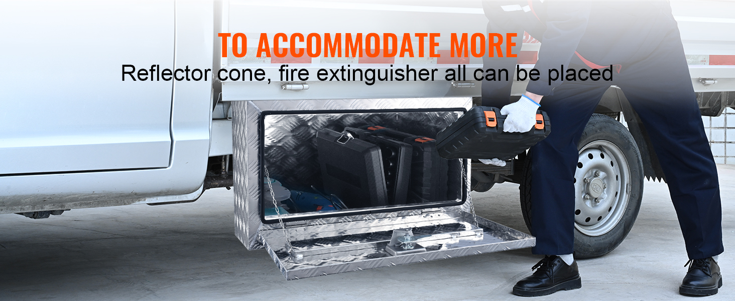 VEVOR kravas automašīnas zemšasijas kaste instrumentu glabāšanai zem baltas kravas automašīnas, ar ērtu piekļuvi organizēšanai.