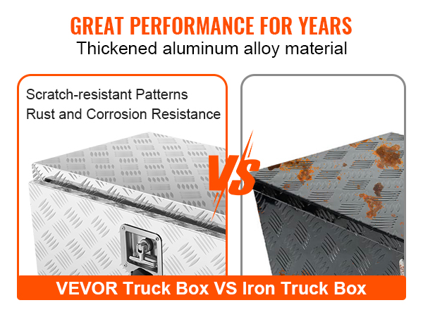 VEVOR kravas automašīnas apakšdaļas kaste salīdzinājumā ar dzelzs kravas automašīnas kasti, demonstrējot rūsas izturīgu alumīnija materiālu.