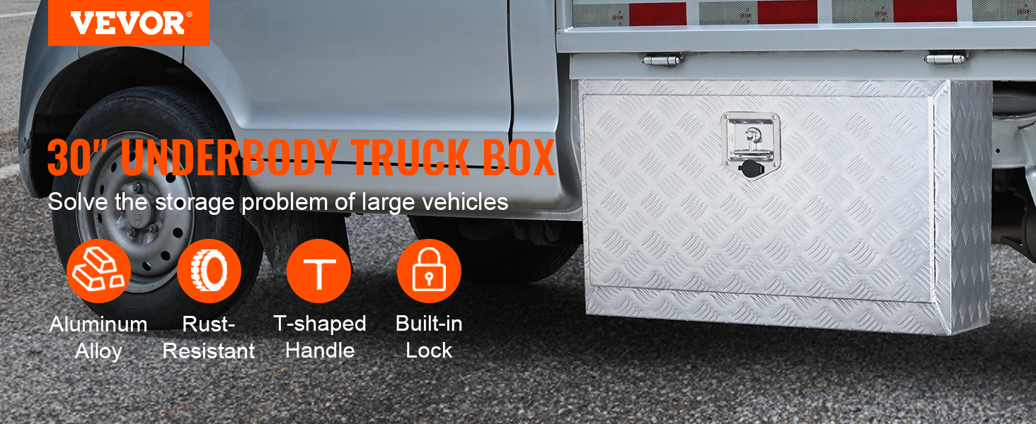 VEVOR underbody truck box, aluminum alloy, rust-resistant, t-shaped handle, built-in lock.