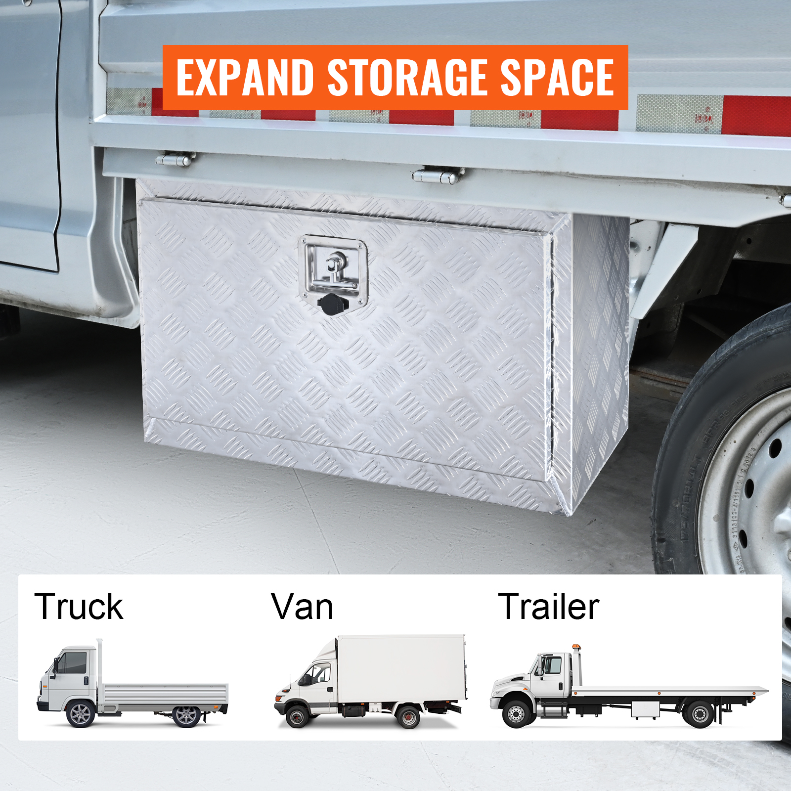 VEVOR underbody truck box installed on a truck, with "expand storage space" text and vehicle icons.