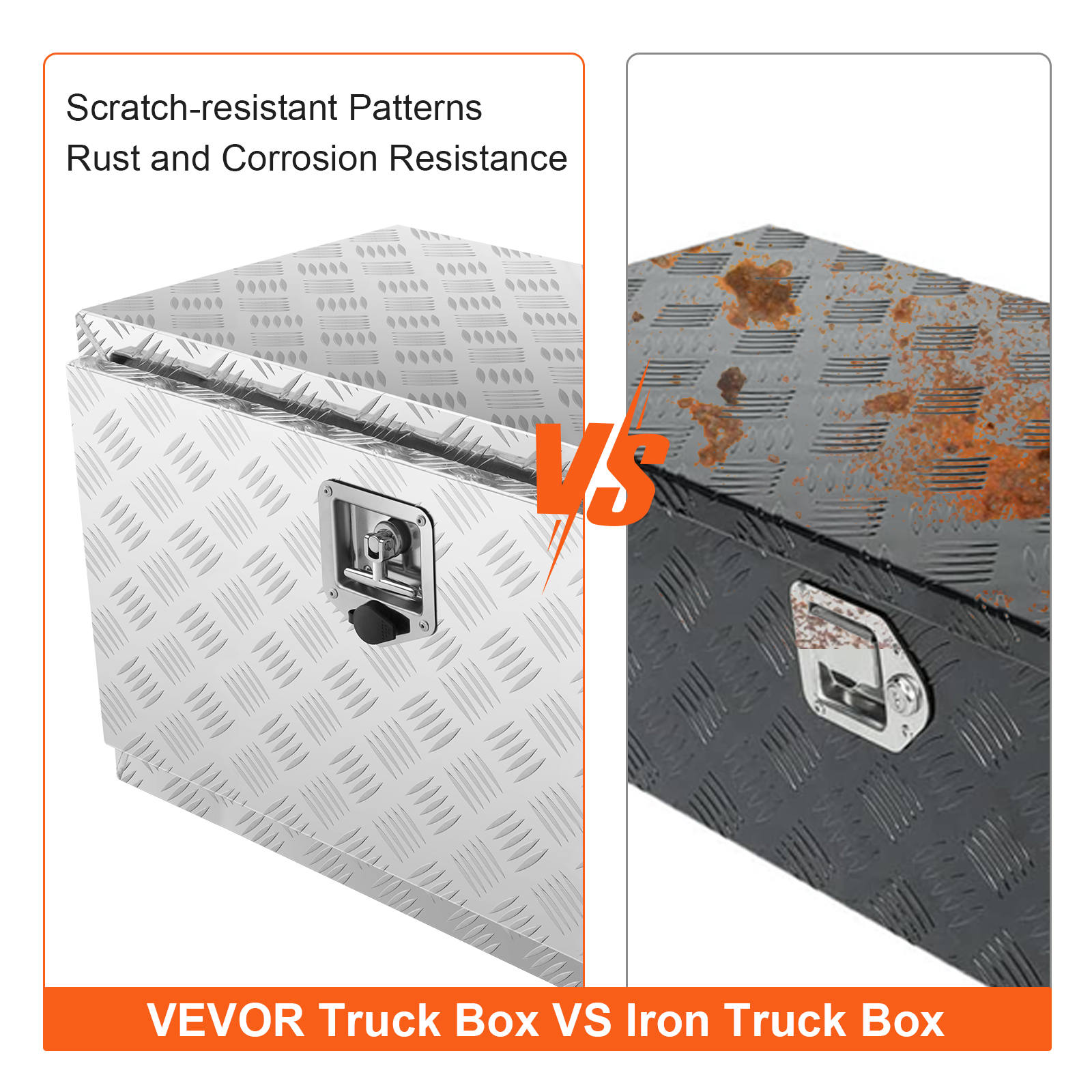 VEVOR underbody truck box vs iron box: scratch-resistant, rust and corrosion resistance comparison.
