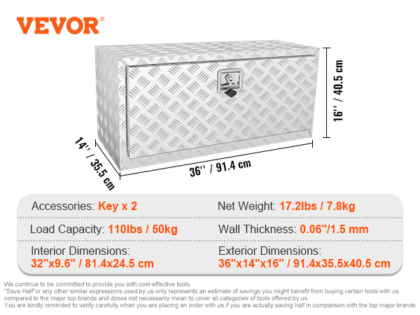 VEVOR underbody truck box with 110lbs load capacity, 17.2lbs weight, and dimensions of 36"x14"x16".