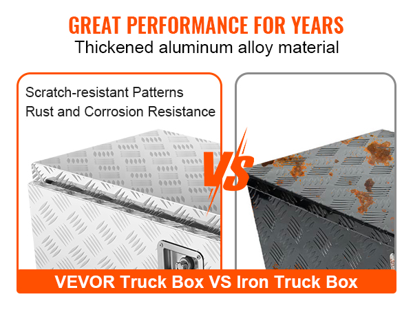 VEVOR kravas automašīnas apakšdaļas kaste: alumīnijs pret sarūsējušu dzelzi, izceļot izturību un korozijas izturību.