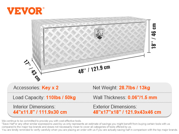 VEVOR kravas automašīnu instrumentu kaste, 48 "x17 "x18", sudraba krāsā, ar atslēgas slēdzeni un rombveida plāksnes rakstu, specifikācijas informācija.