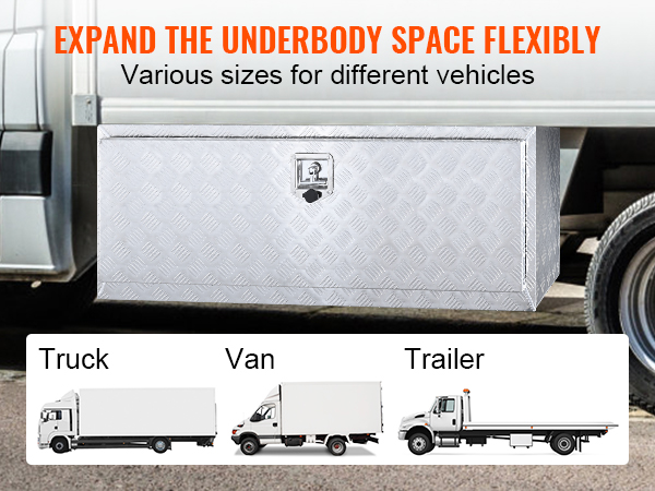 VEVOR truck tool box under van with text "expand the underbody space flexibly" for truck, van, and trailer.