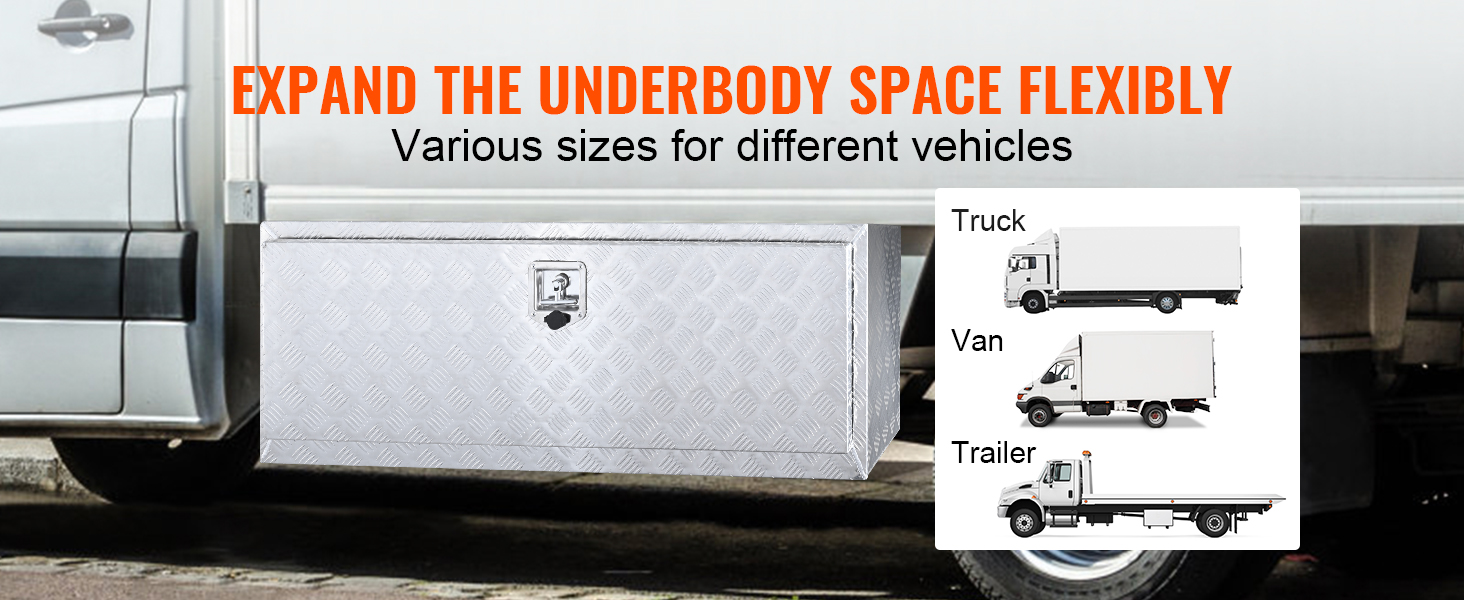 VEVOR truck tool box under van with text "expand the underbody space flexibly" for truck, van, and trailer.